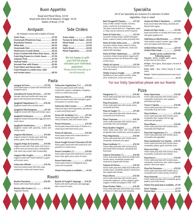 Piero's Pizzeria and Restaurant in Truro, Cornwall | Pizza Menu